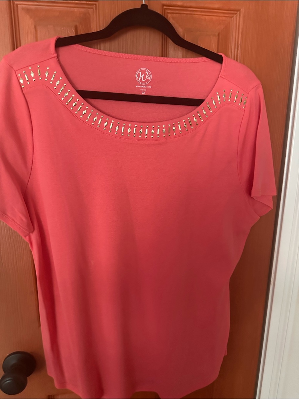 Women’s Coral Short-Sleeve Scoop Neck Top with Stud Detail Top